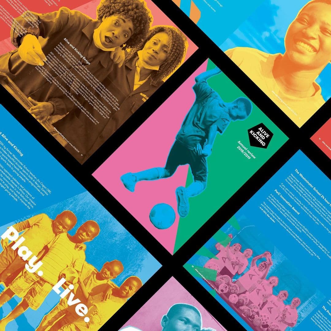 Series of colorful ads featuring the Alive and Kicking brand colors, messages, and images.