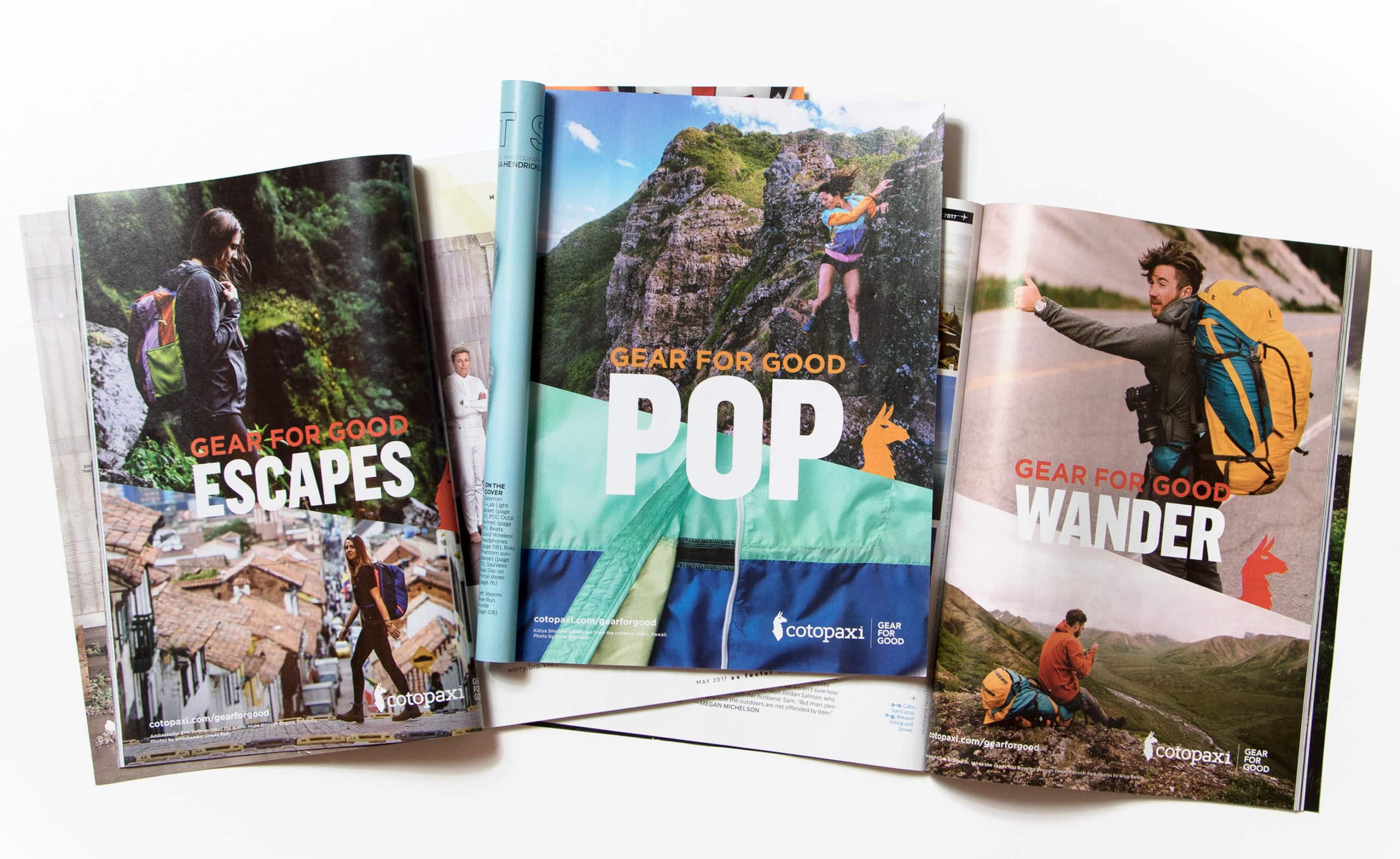 Series of three interior magazine full page advertisements for Cotopaxi brand.