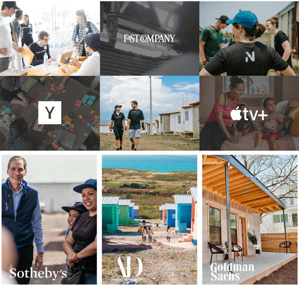 Grid of rectangles featuring corporate partnership logos for New Story.