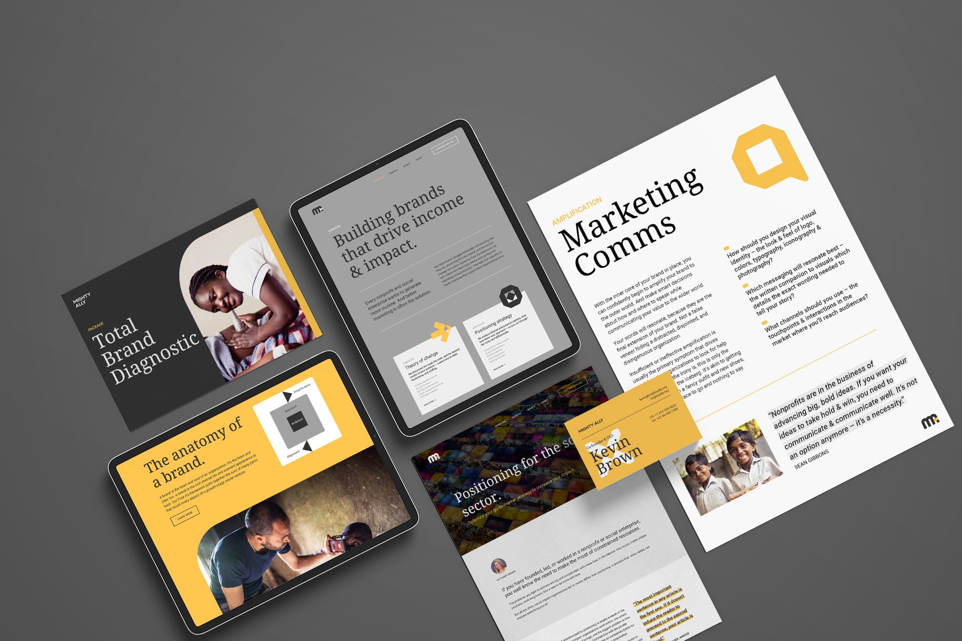 Collage of the new Mighty Ally visual identity: the fighter Sage.