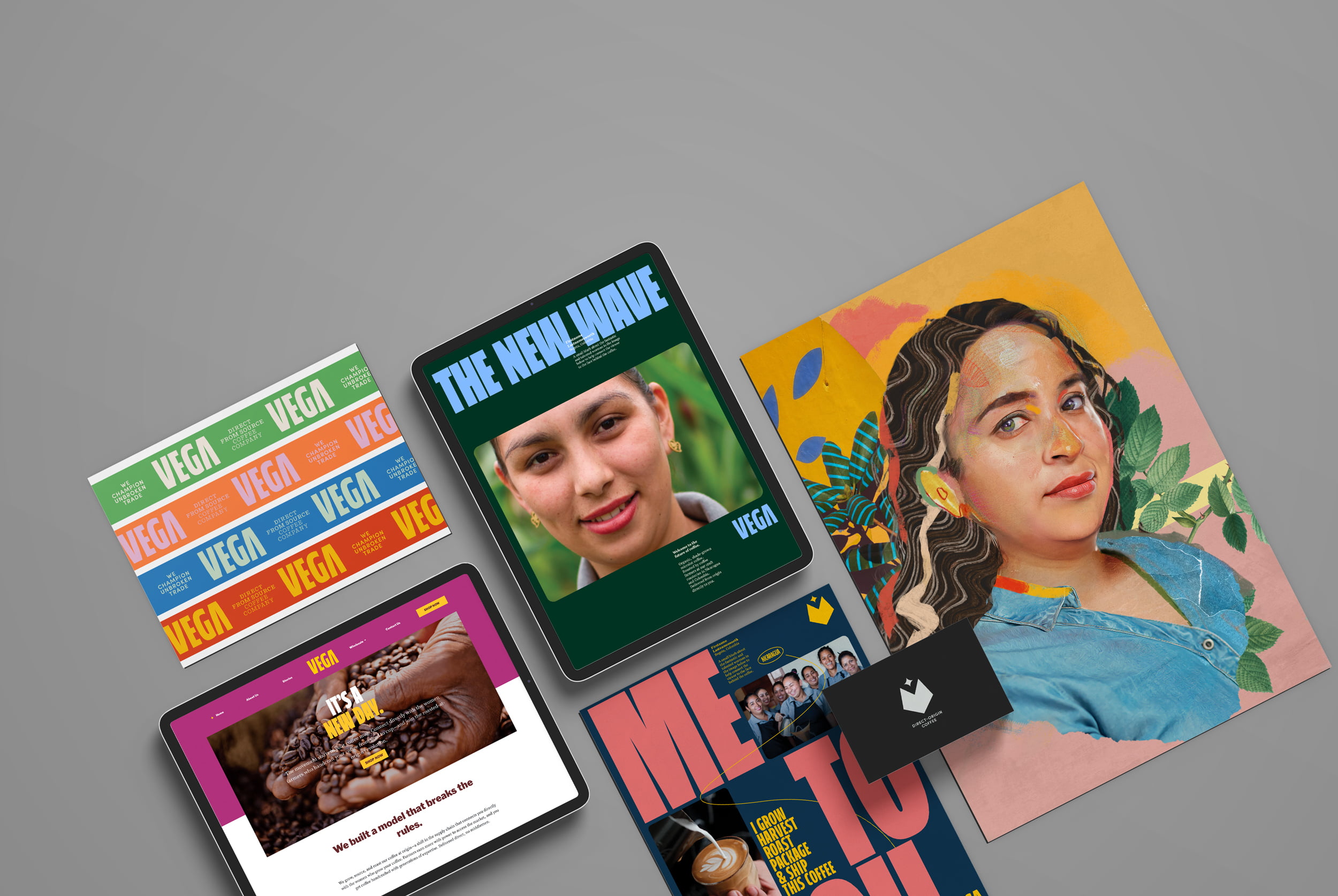 Side-by-side work samples of the new Vega Coffee brand by Mighty Ally.